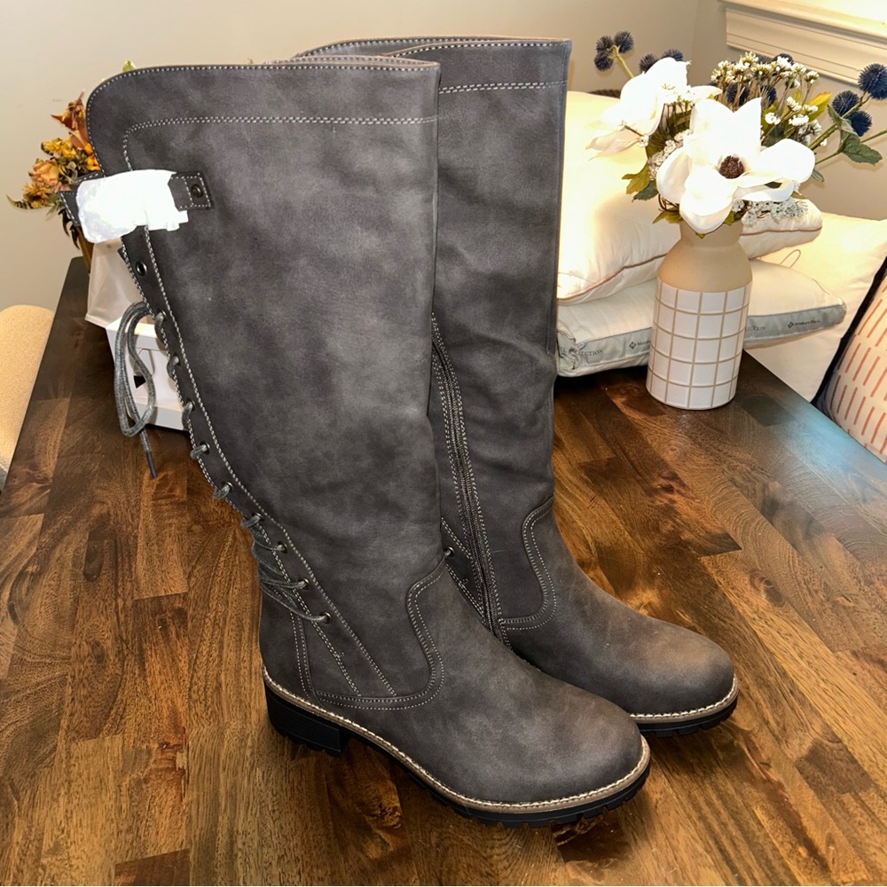 Global Win Charcoal Leather Knee High Boots